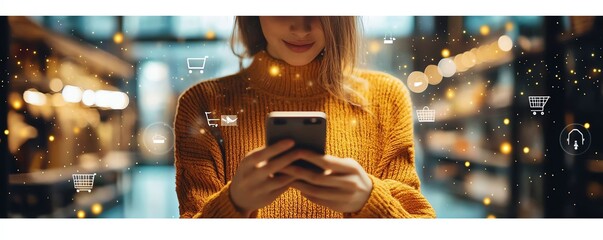 A young person enjoying online shopping on a smartphone, with a variety of shop icons and digital items, symbolizing convenience and a comfortable life