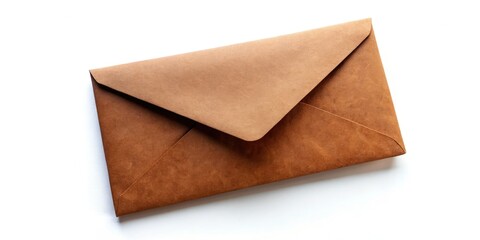 Enigmatic brown envelope, pristine white card; low light, stark white backdrop reveals secrets.