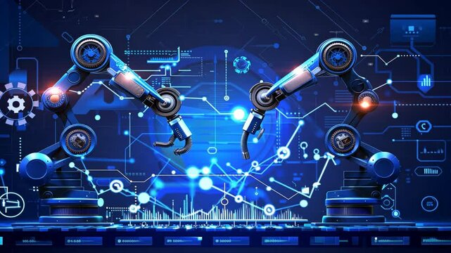 Robotic Arms in Futuristic Digital Environment Showcasing Automation, Advanced Technology, and Innovation through Collaboration in Engineering and Artificial Intelligence Machinery.