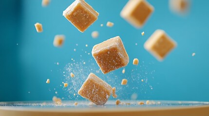 Delicious Fudge Cubes Falling on Blue Background