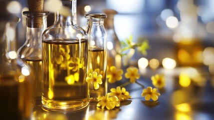 Aromatic Essence of Yellow Flowers: Luxurious Golden Oil in Glass Bottles