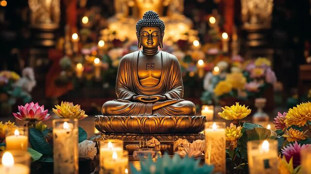 Buddha Altar with Candles and Offerings