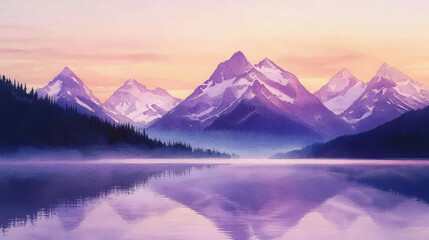 Fototapeta premium Serene Watercolor Painting of Majestic Mountain Landscape at Sunrise