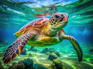 Fototapeta premium Enrapturing underwater portrait of a green sea turtle, showcasing its serene beauty.