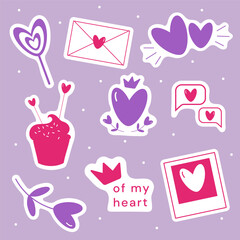 Vector set of  Valentines day stickers with hearts, crowns, flowers in heart shape, letter, lollypop, photo card, cupcake and title queen or king of my heart. Vector flat illustration
