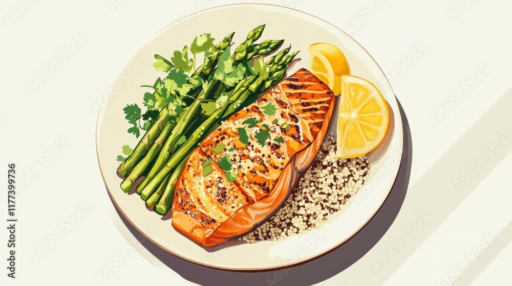 Poster grilled salmon with asparagus and lemon served on a plate for a healthy meal