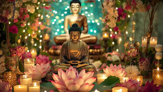 Buddha with Flowers and Colorful Garlands
