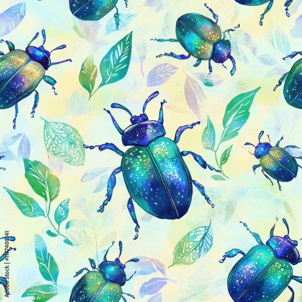 Poster colorful watercolor doodles of beetles and leaves creating a whimsical pattern