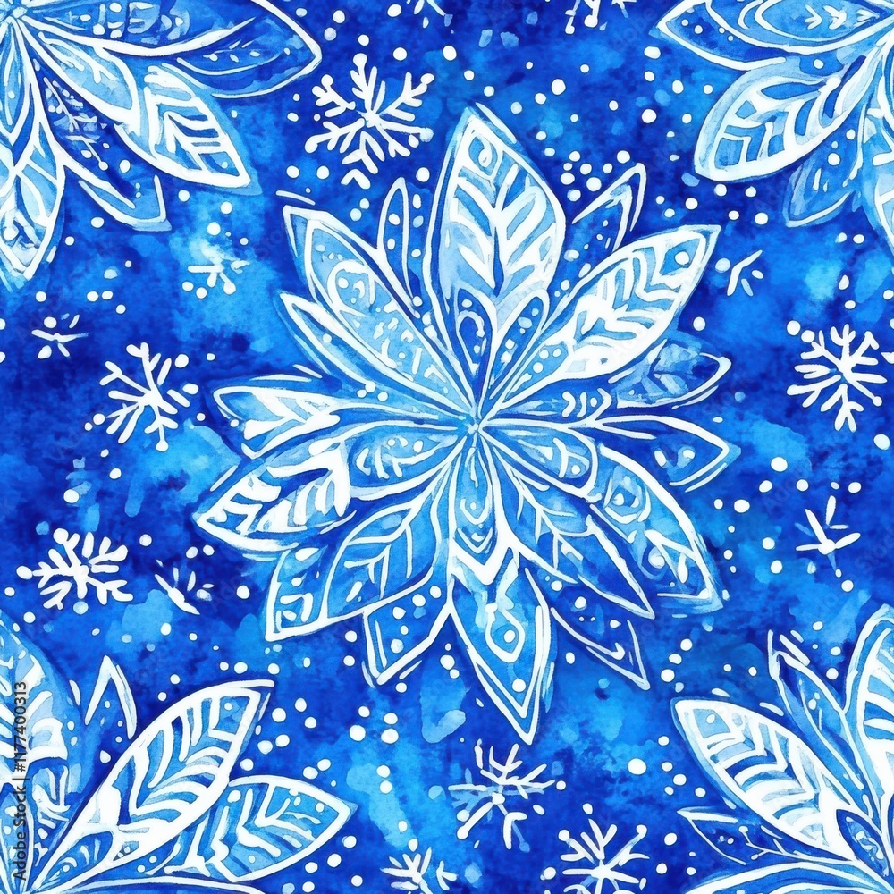 Poster vibrant watercolor doodles with intricate flower patterns and snowflake motifs on a bright blue back