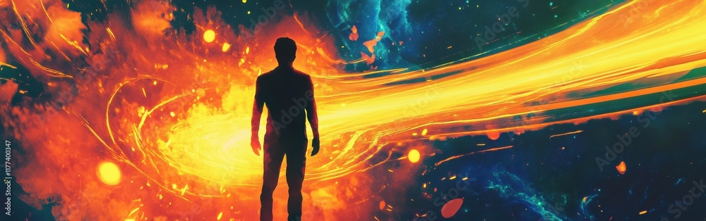 Aufkleber vibrant silhouette of a man against a cosmic background with swirling colors and energetic patterns