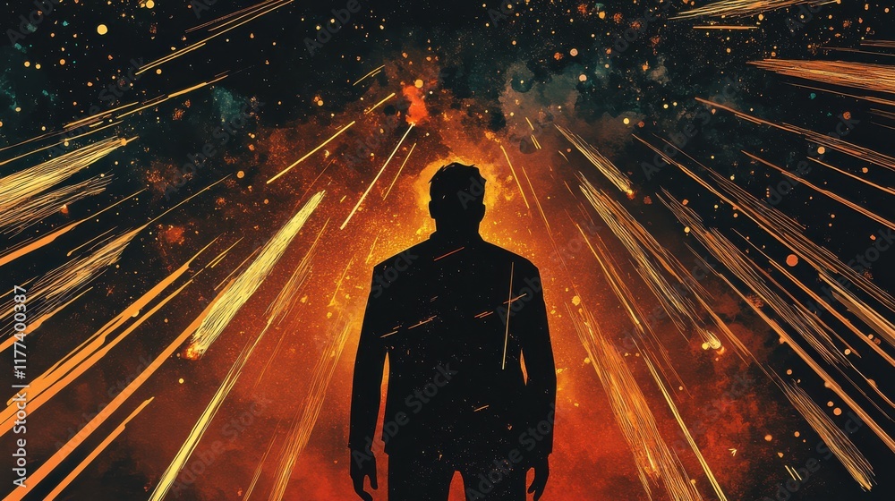 Poster vibrant silhouette of a man against a backdrop of bursting colors and dynamic light