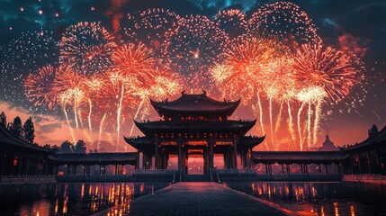 Obraz premium Traditional Celebration with Fireworks at Dusk