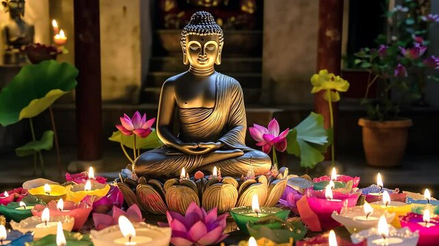 Buddha on Lotus Surrounded by Candles and Flowers