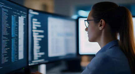 A focused woman analyzes data on multiple screens, showcasing a tech-driven work environment.