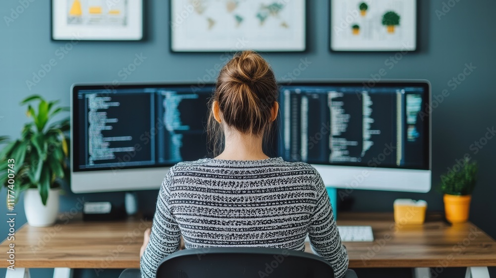 Poster Computer programmer writing code on dual monitors in modern office
