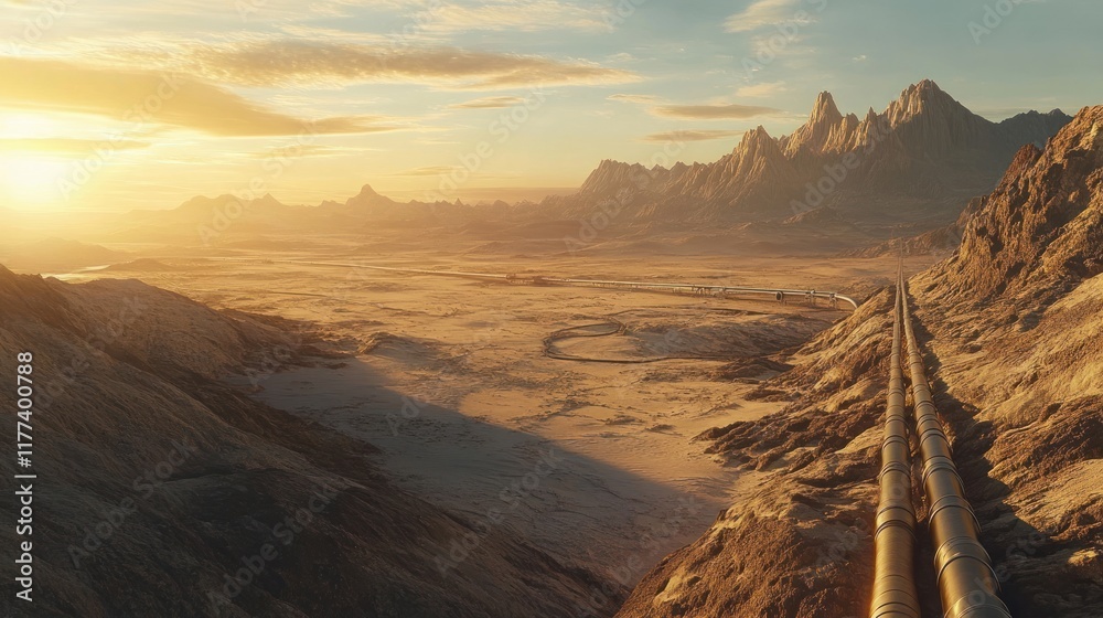 Aufkleber a vast desert landscape with mountains and a pipeline under a sunset sky.