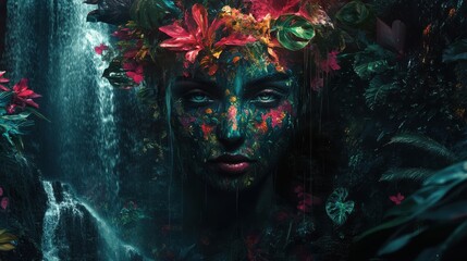 Surreal depiction of a woman's face adorned with vibrant flowers and foliage in a mystical forest setting