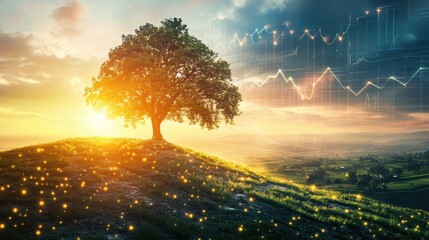 Symbolic representation of secure retirement featuring a tree at sunset with financial growth indicators