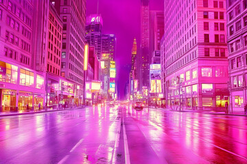 Obraz premium Vibrant pink cityscape at night, rain reflecting on wet streets, glowing city lights, modern architecture, urban scene.
