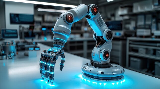 Robotic arm touching table in futuristic lab with tech equipment in background, research and development