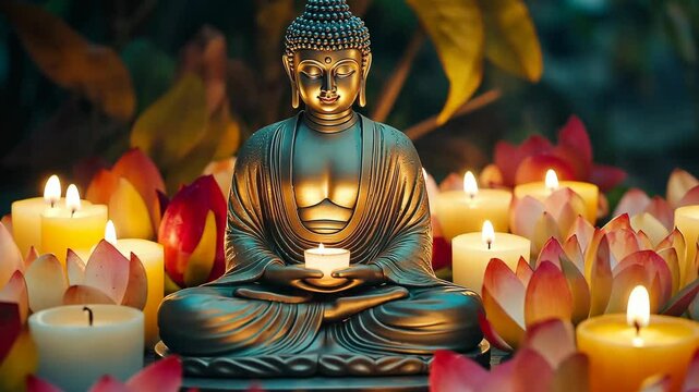Buddha Sitting on Lotus with Surrounding Flowers
