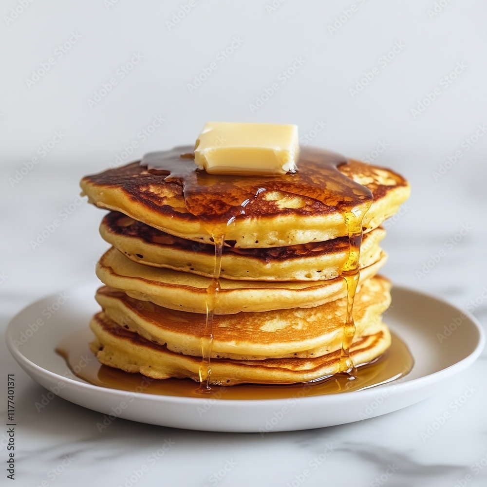 Poster delicious stack of golden pancakes drizzled with syrup and topped with a pat of butter perfect for b