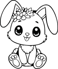 Cute kawaii bunny cartoon character coloring page vector illustration