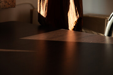 Warm sunlight illuminates a dark wooden surface, creating striking light and shadow patterns. A piece of driftwood adds texture.