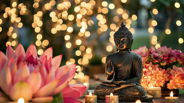 Lotus Flower and Buddha with Candlelights