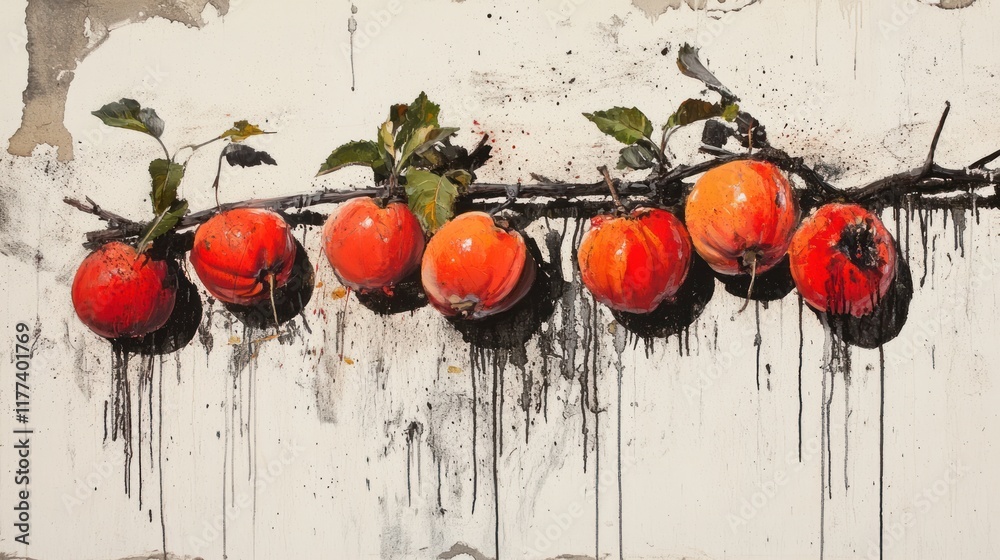 Poster a vibrant artwork featuring red apples on a branch against a textured background.
