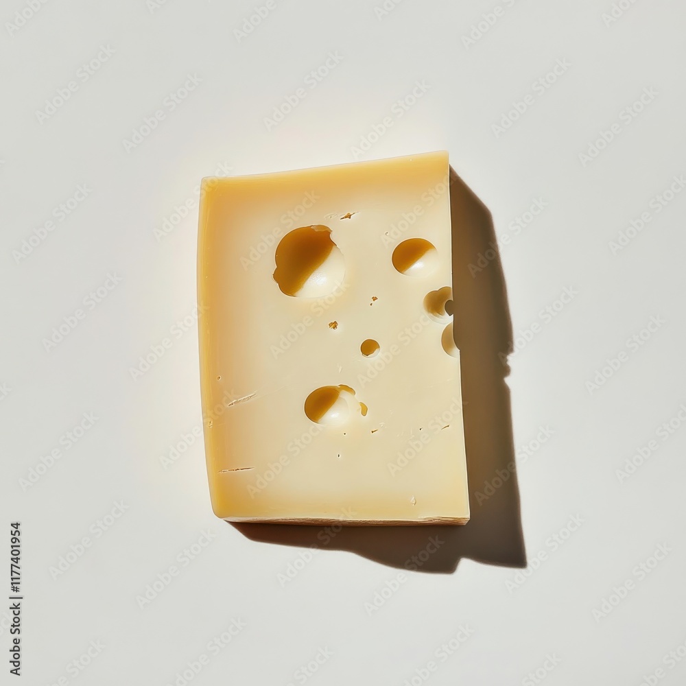 Poster Single slice of Swiss cheese with distinct holes rests on a clean surface, emphasizing its texture and color in natural light