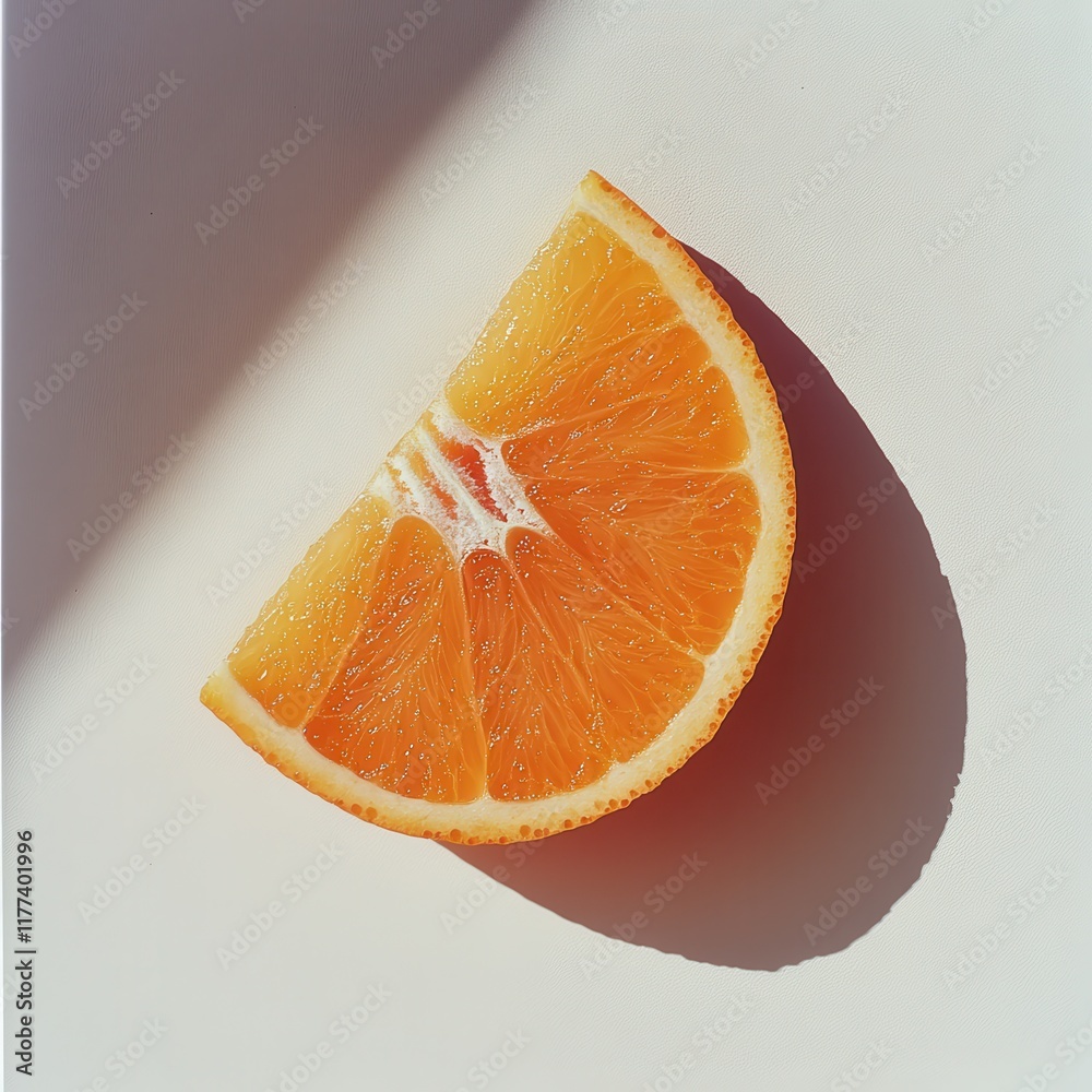 Poster vibrant slice of fresh orange resting on a light surface with natural sunlight casting a delicate sh