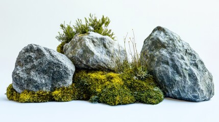 three rocks covered with moss and small plants against a white background