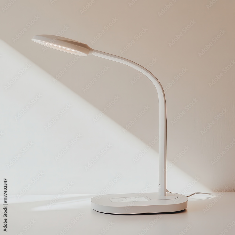 Poster modern desk lamp illuminating a minimalist workspace during daylight hours