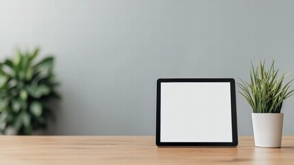 Fototapeta premium Digital tablet with blank screen standing on office desk with plant