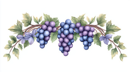Obraz premium Watercolor illustration of detailed cluster of grapes with leaves