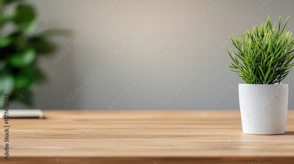 Poster empty wooden desk with potted plant creating a calm workspace