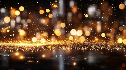 Obraz premium Soft, defocused gold glitter lights shimmering against a grungy, weathered cityscape, evoking a surreal, dreamy urban night scene