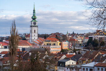 Obraz premium Trebic, Czech Republic - January 4, 2025: Cityscape. View of the Church of St. Martin.