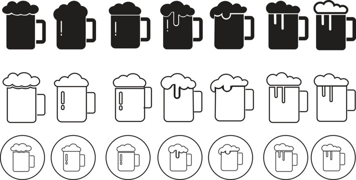 Depiction of frothy beer mug icon set isolated on transparent background. Ideal for pubs, breweries, and beer enthusiasts seeking vintage charm black flat and line vector collection drink glass symbol
