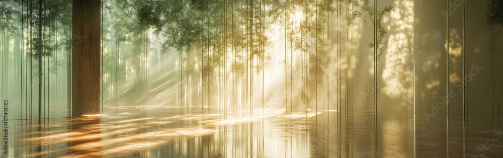 Poster serene forest landscape with soft green hues and warm light filtering through trees during calm morn