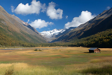 Serene alpine valley landscape with a rustic cabin, showcasing majestic mountains under a vibrant blue sky with fluffy clouds.