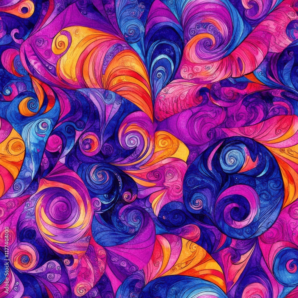 Poster vibrant watercolor doodle with swirling patterns and colors in a whimsical design