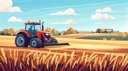 Obraz premium A vibrant illustration of a tractor harvesting wheat in a rural landscape.