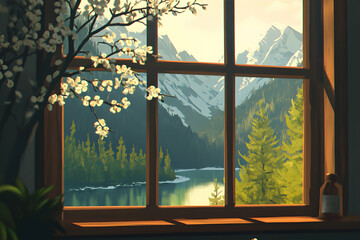 Serene mountain lake view seen through a rustic window, framed by blossoming branches.  Peaceful, idyllic scene.