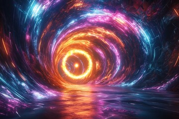 Obraz premium Swirling energy vortex tunnel with bright light, reflective floor, and dynamic background for digital art