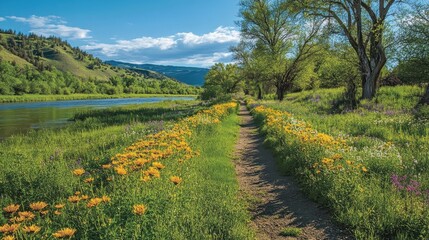 Obraz premium Spring marathon route showcases vibrant flowers and scenic river views in a picturesque setting