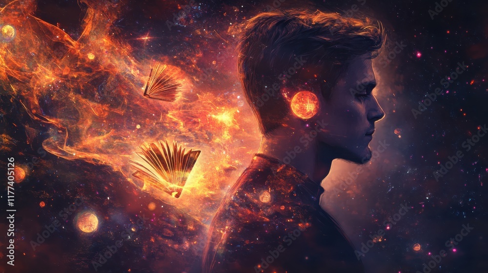 Poster Mystical profile of a man surrounded by cosmic elements and floating books in an ethereal atmosphere