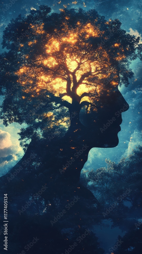 Poster Mystical silhouette of a man with a tree blending into an ethereal landscape at twilight