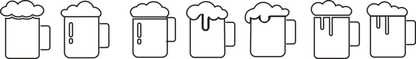 Depiction of frothy beer mug icon set isolated on transparent background. Ideal for pubs, breweries, and beer enthusiasts seeking vintage charm black flat and line vector collection drink glass symbol